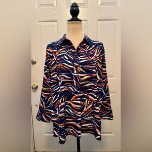Investments Paige Tiger Stripe Blue, Orange & White Blouse, Petite XL, NWTS